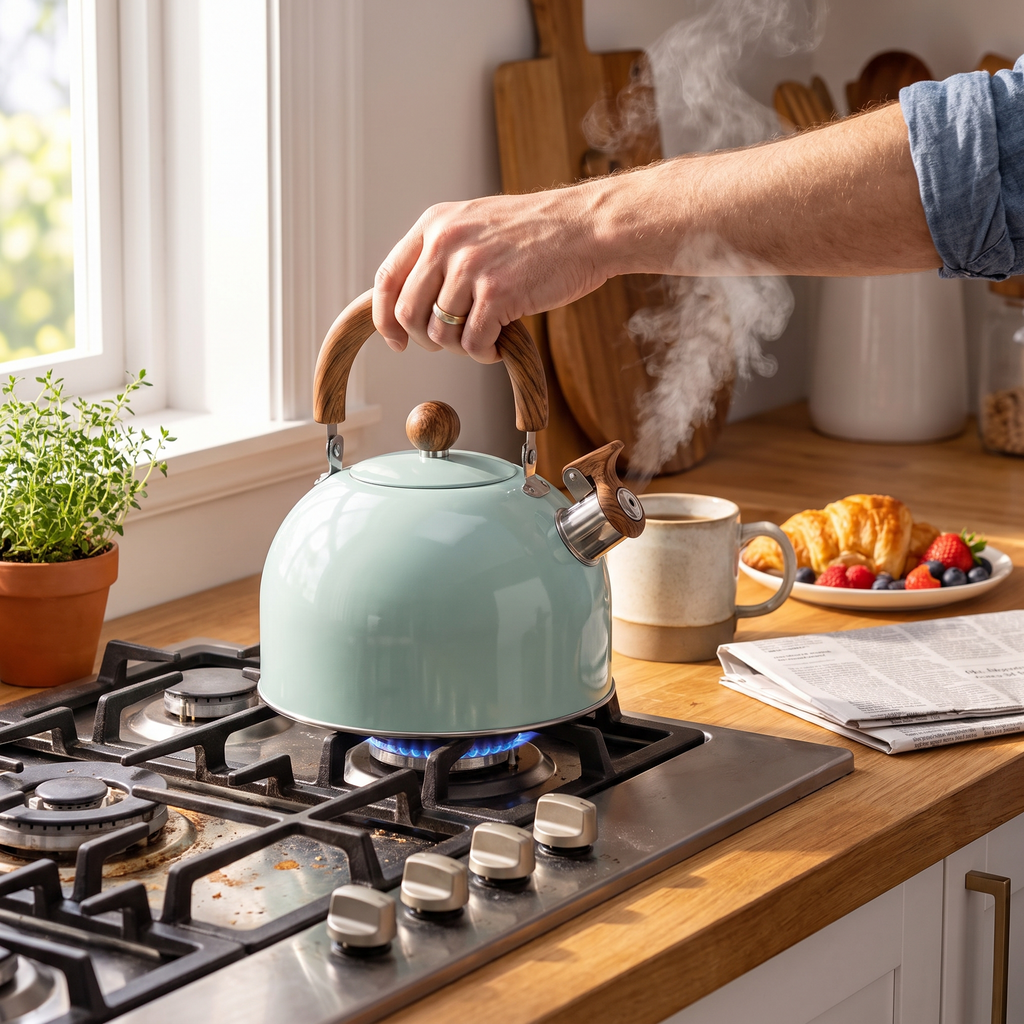 2.5 L Stainless Steel Whistling Tea Kettle in use