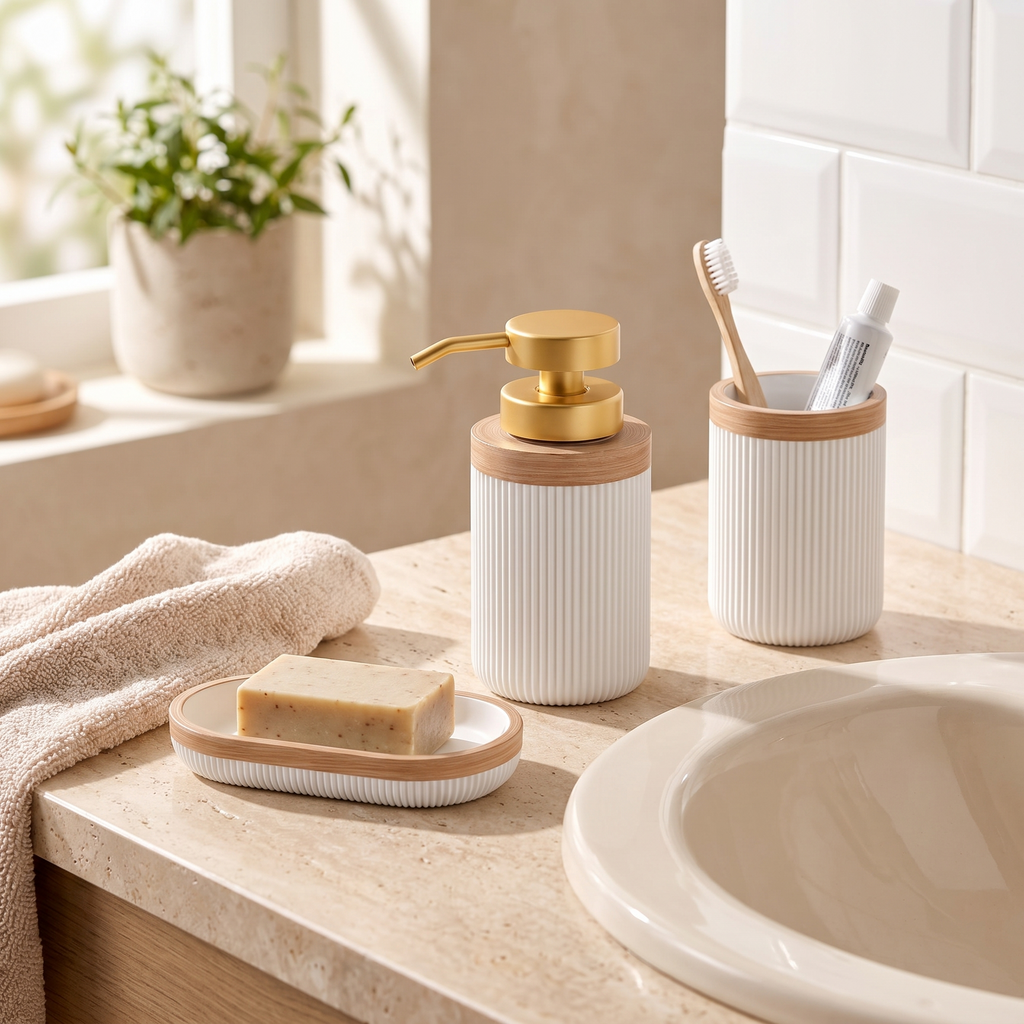 White Ribbed Bathroom Accessory Set in use