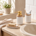 White Ribbed Bathroom Accessory Set in use