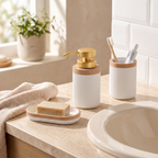White Ribbed Bathroom Accessory Set in use