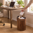 Minimalist Wooden Trash Can with Lid in use