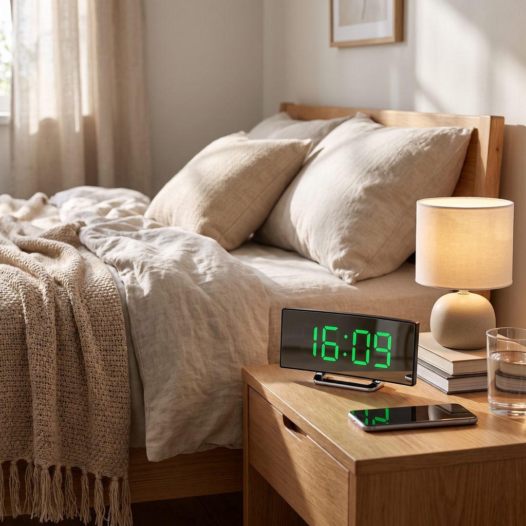 Curved Mirror LED Digital Alarm Clock in use