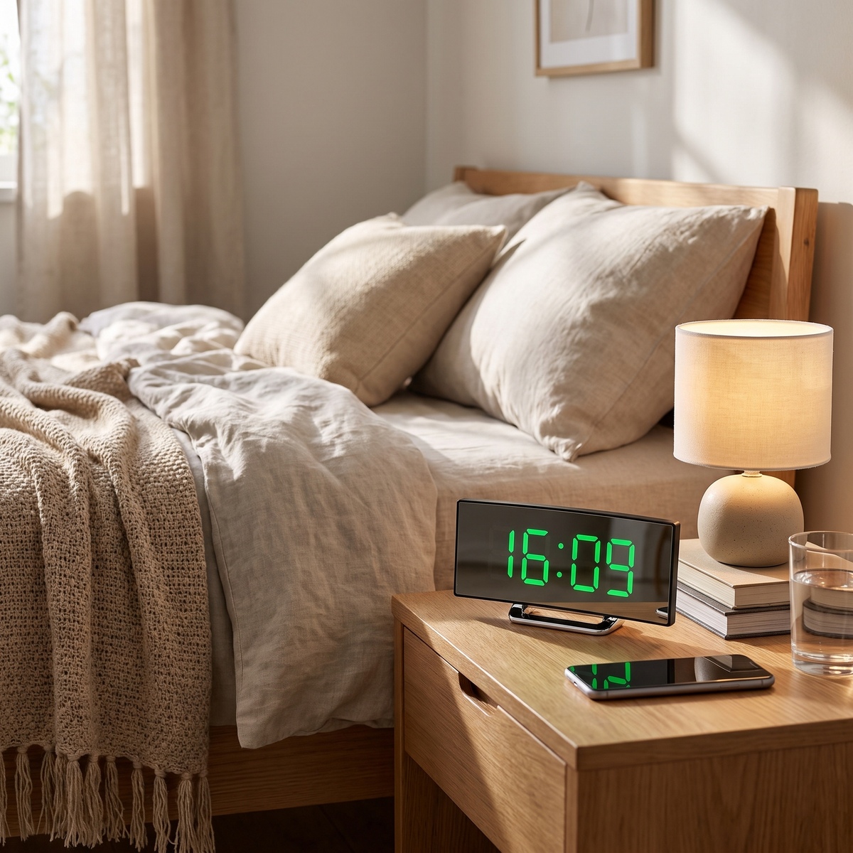 Curved Mirror LED Digital Alarm Clock in use