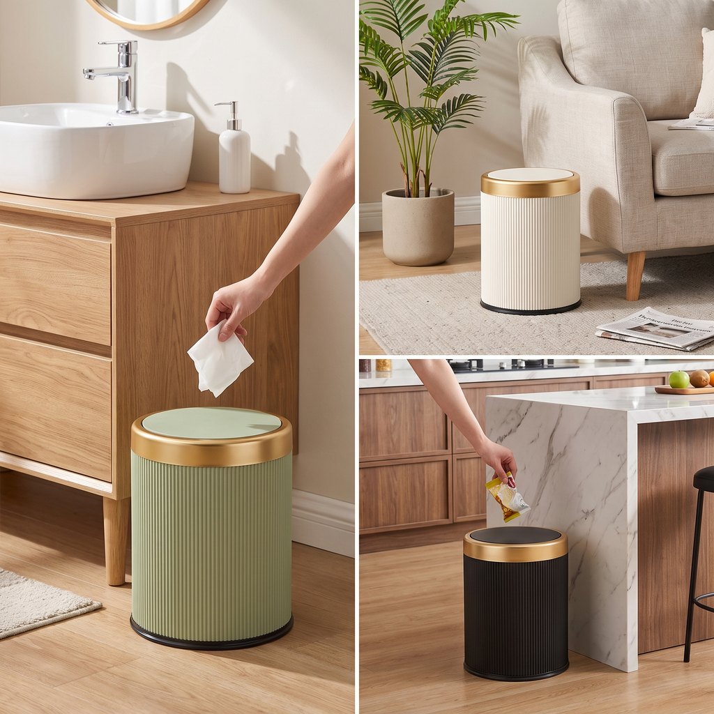Oval Press-Top Trash Can with Lid in use