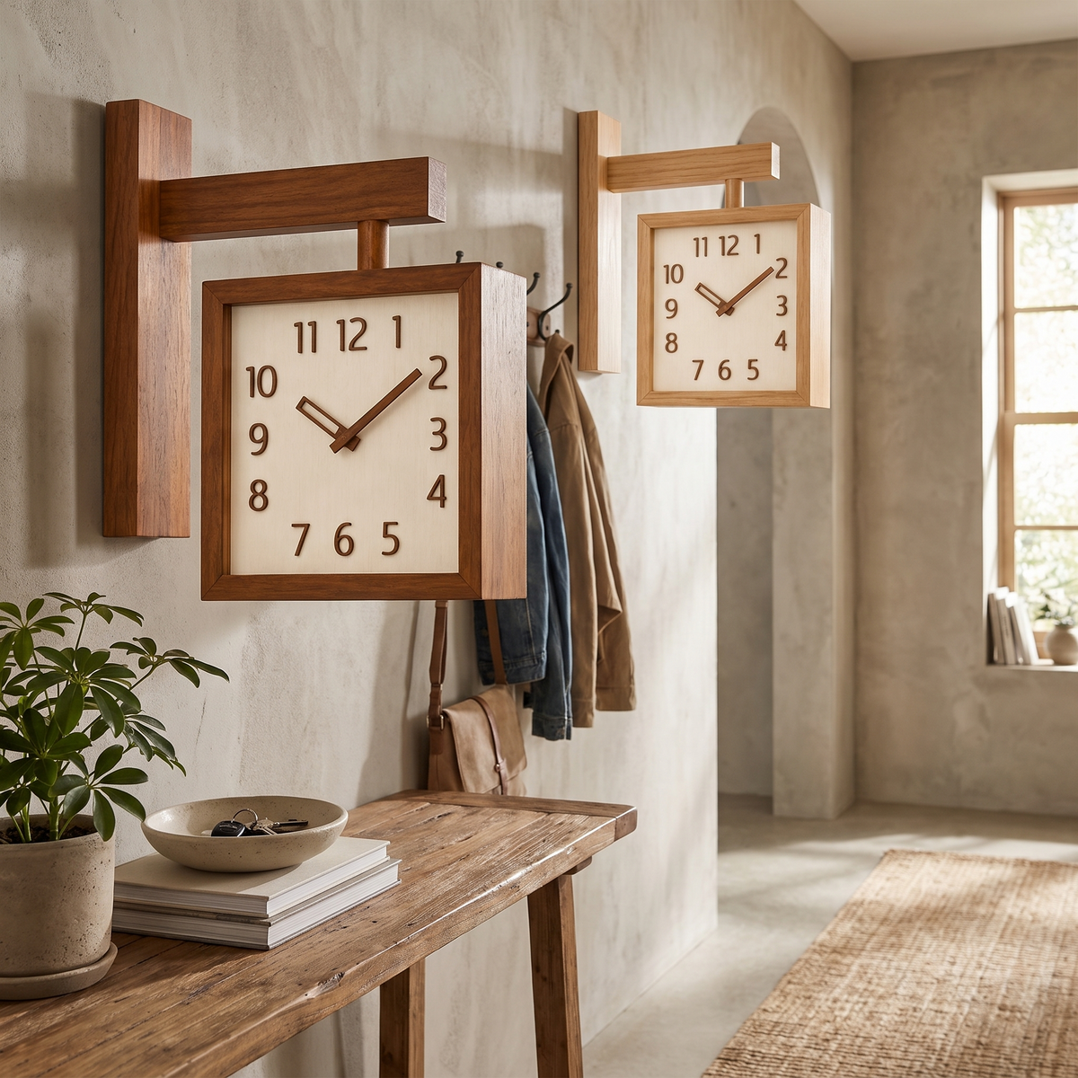 Double-Sided Wooden Corner Wall Clock in use