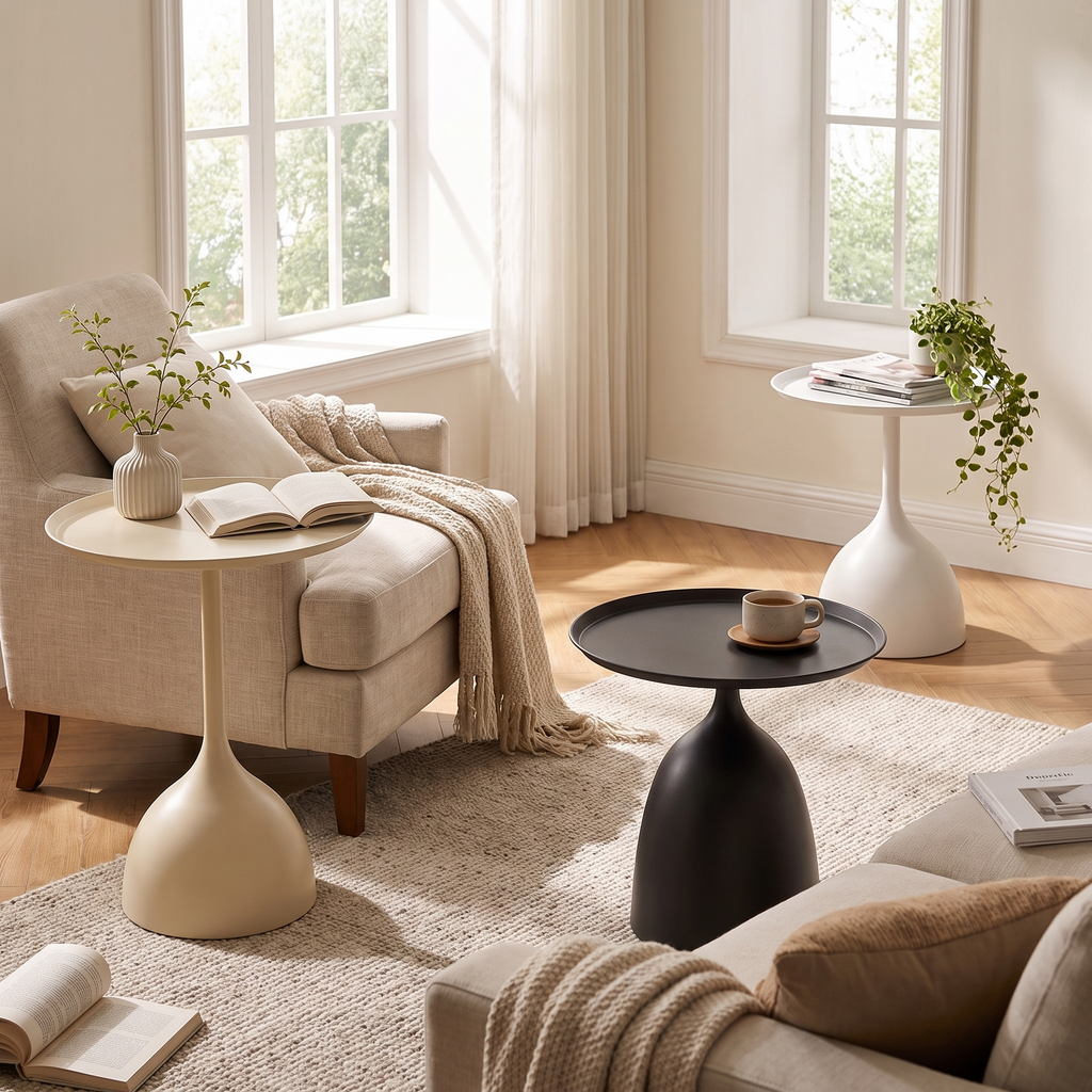 Round Metal Pedestal Side Table in use