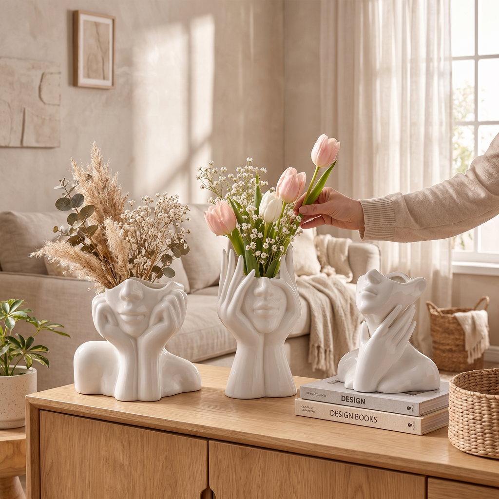 Handmade Sculpted Face Vase in use