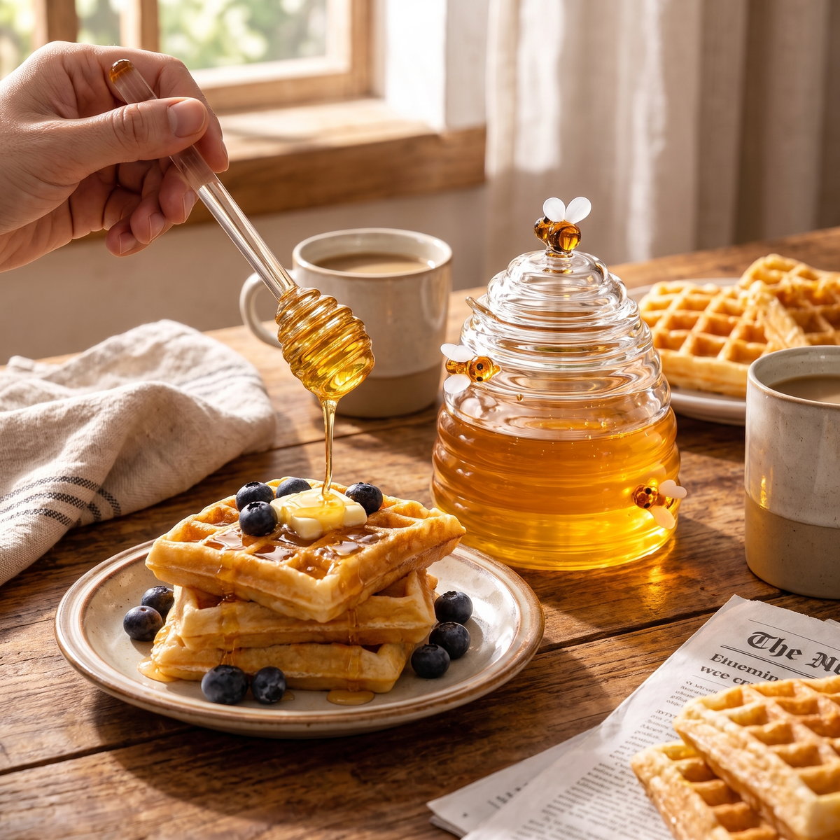 Beehive Glass Honey Jar with Dipper in use