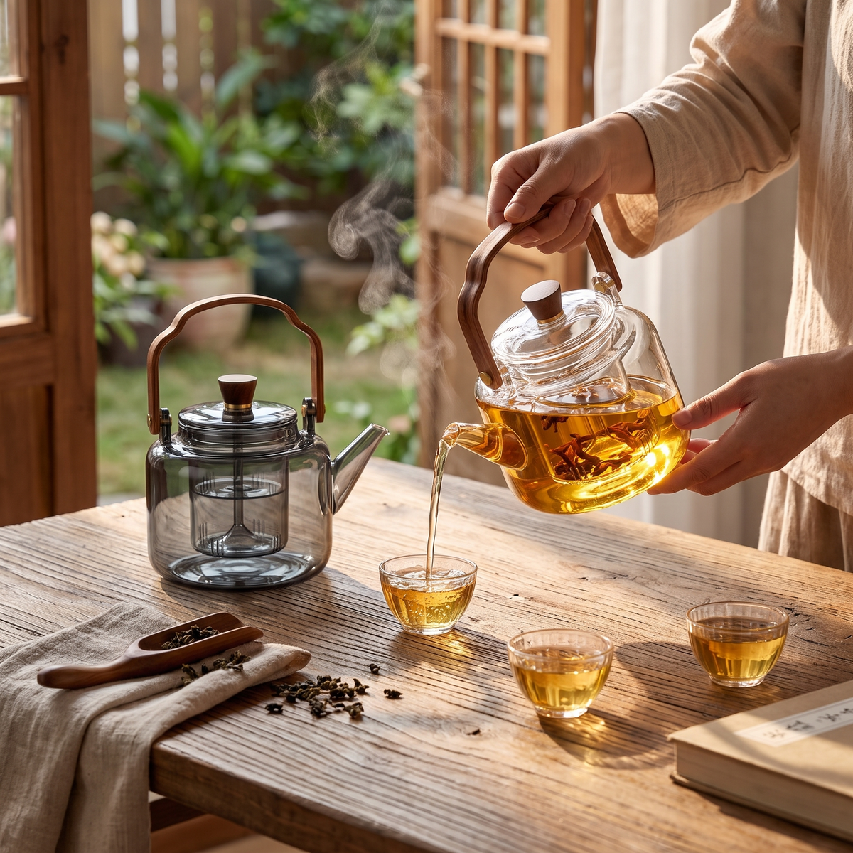 Borosilicate Glass Teapot with Infuser in use