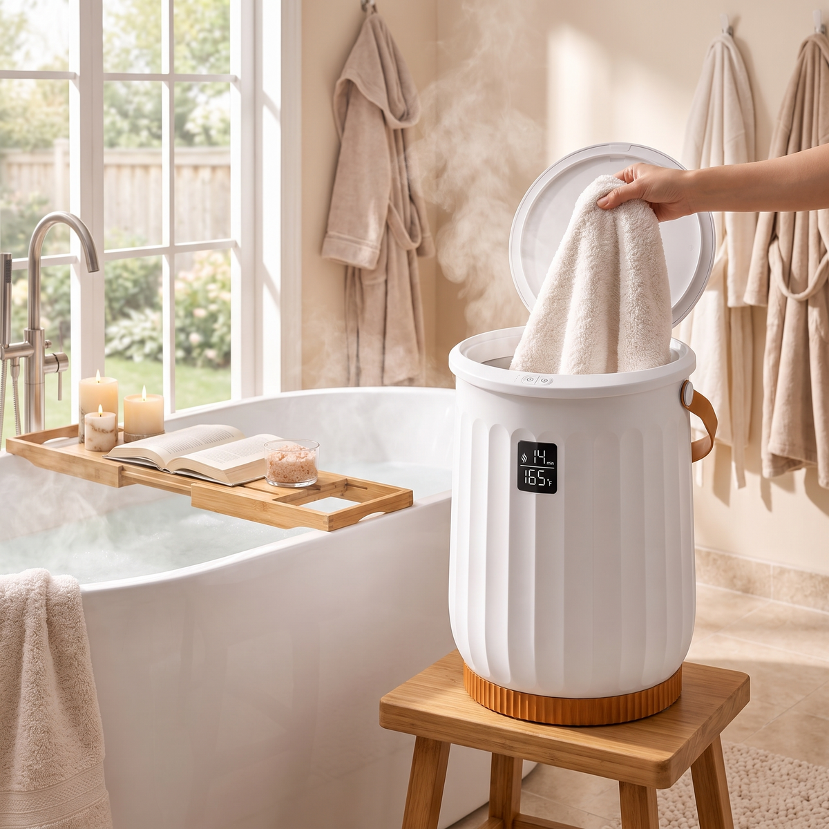 Spa Towel Warmer with Timer in use